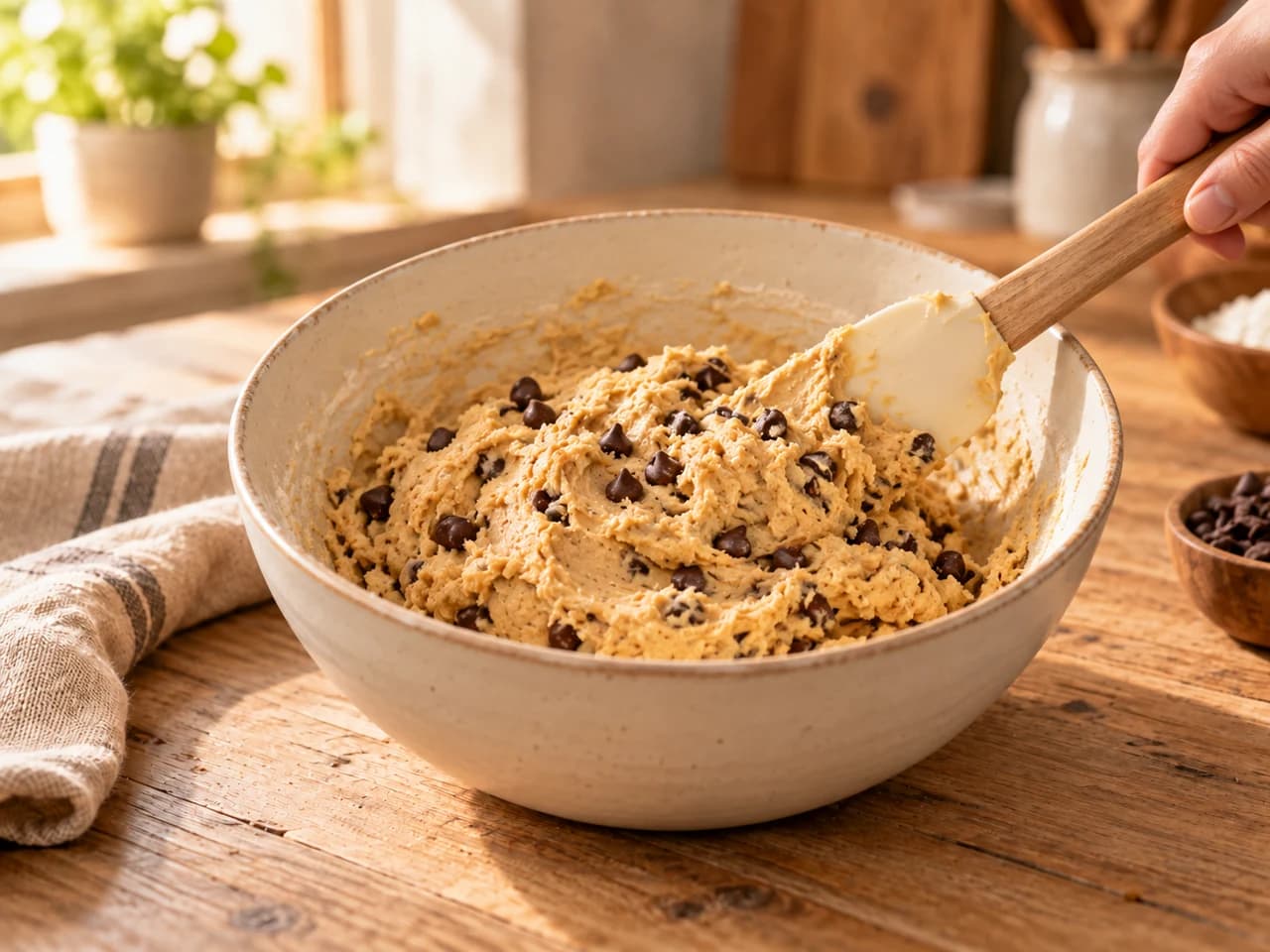 Spatule mélangeant la pâte à cookies dans un saladier en céramique jusqu'à incorporer la farine.