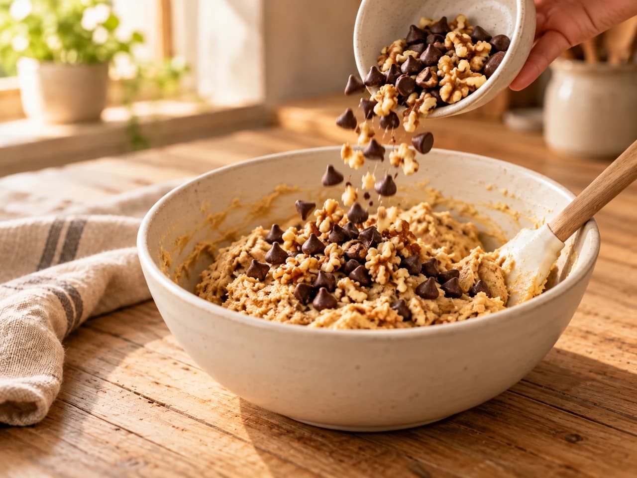 Main versant des pépites de chocolat et des noix hachées sur la pâte à cookies dans un saladier.