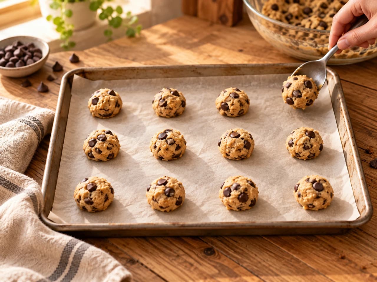 Plaque tapissée avec des boules de pâte à cookies espacées, une cuillère formant la dernière.