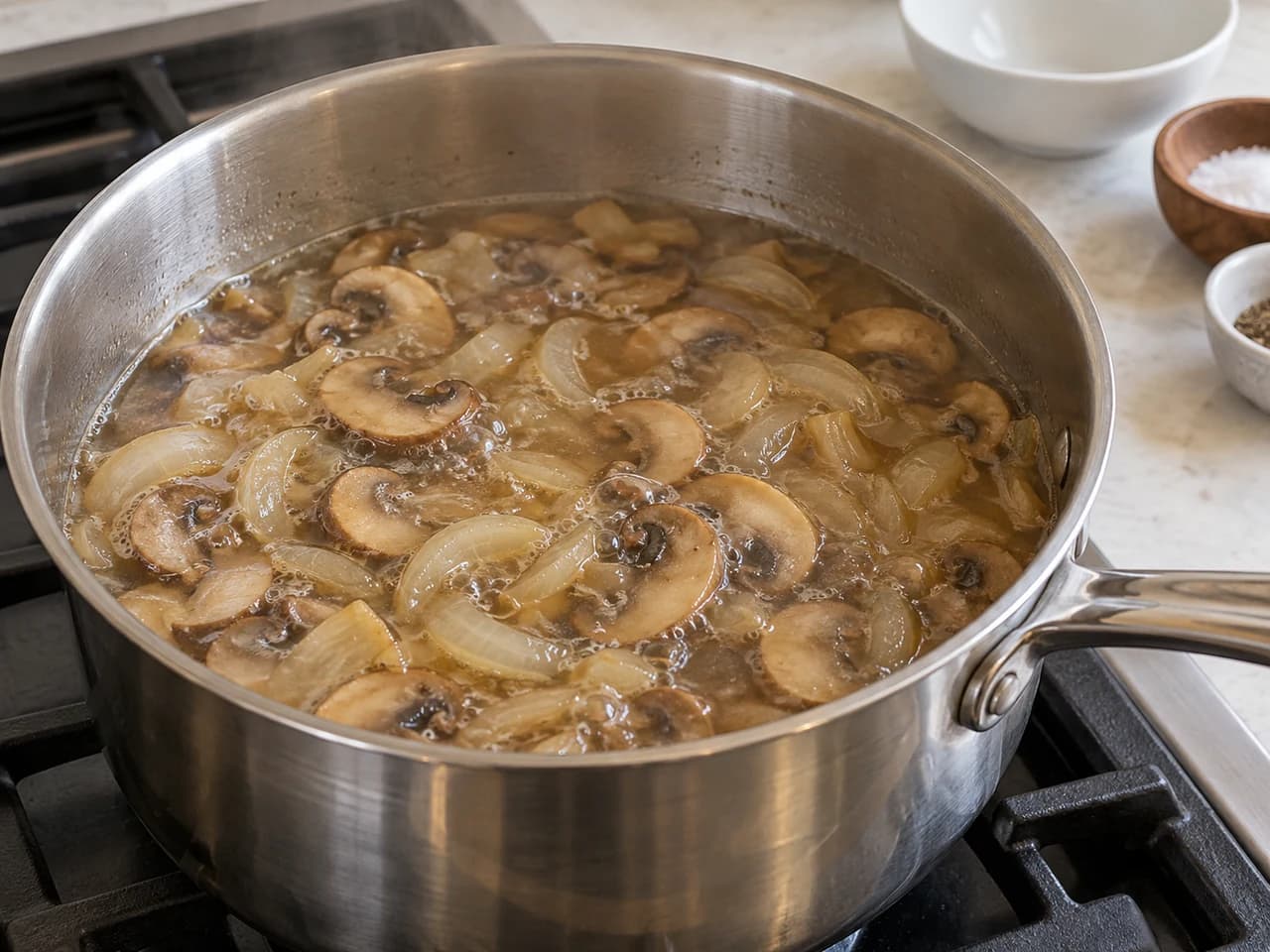 Pilzcremesuppe: Wasser hinzufügen und köcheln