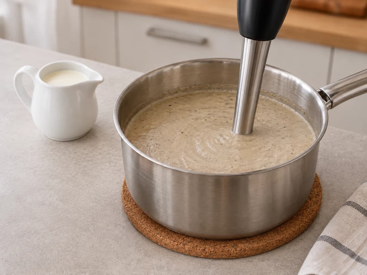 Pilzcremesuppe: Pürieren und Sahne einrühren