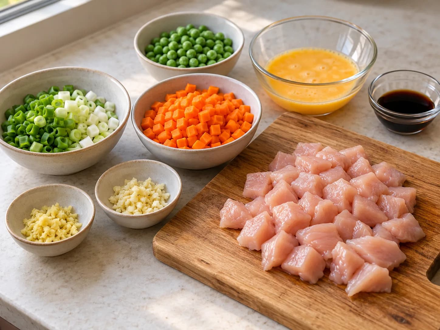 Riso saltato con pollo e uova: Tagliare e organizzare