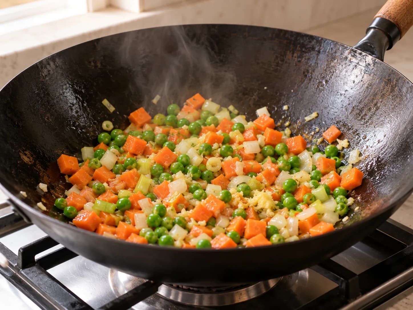 Riso saltato con pollo e uova: Saltare le verdure