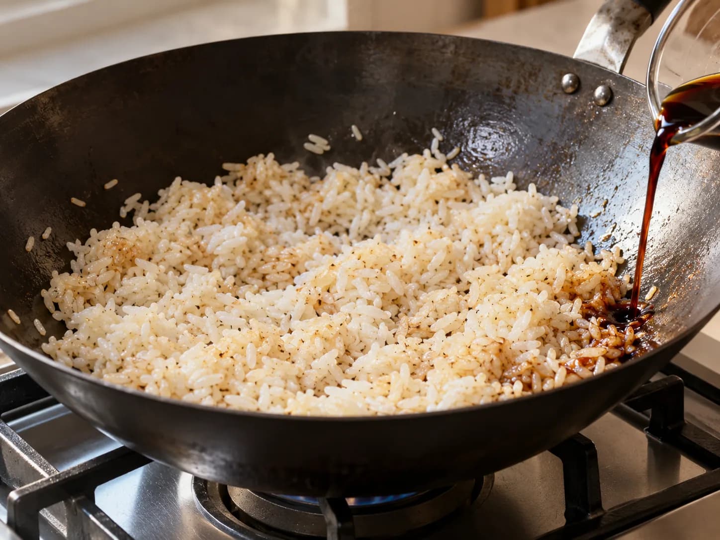 Riso saltato con pollo e uova: Saltare il riso in più riprese