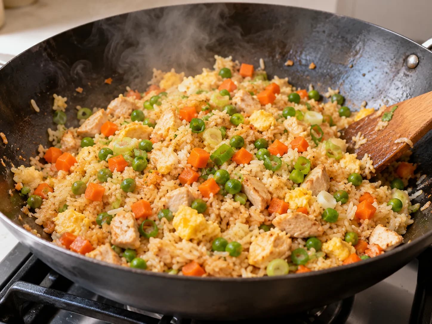 Riso saltato con pollo e uova: Unire gli ingredienti