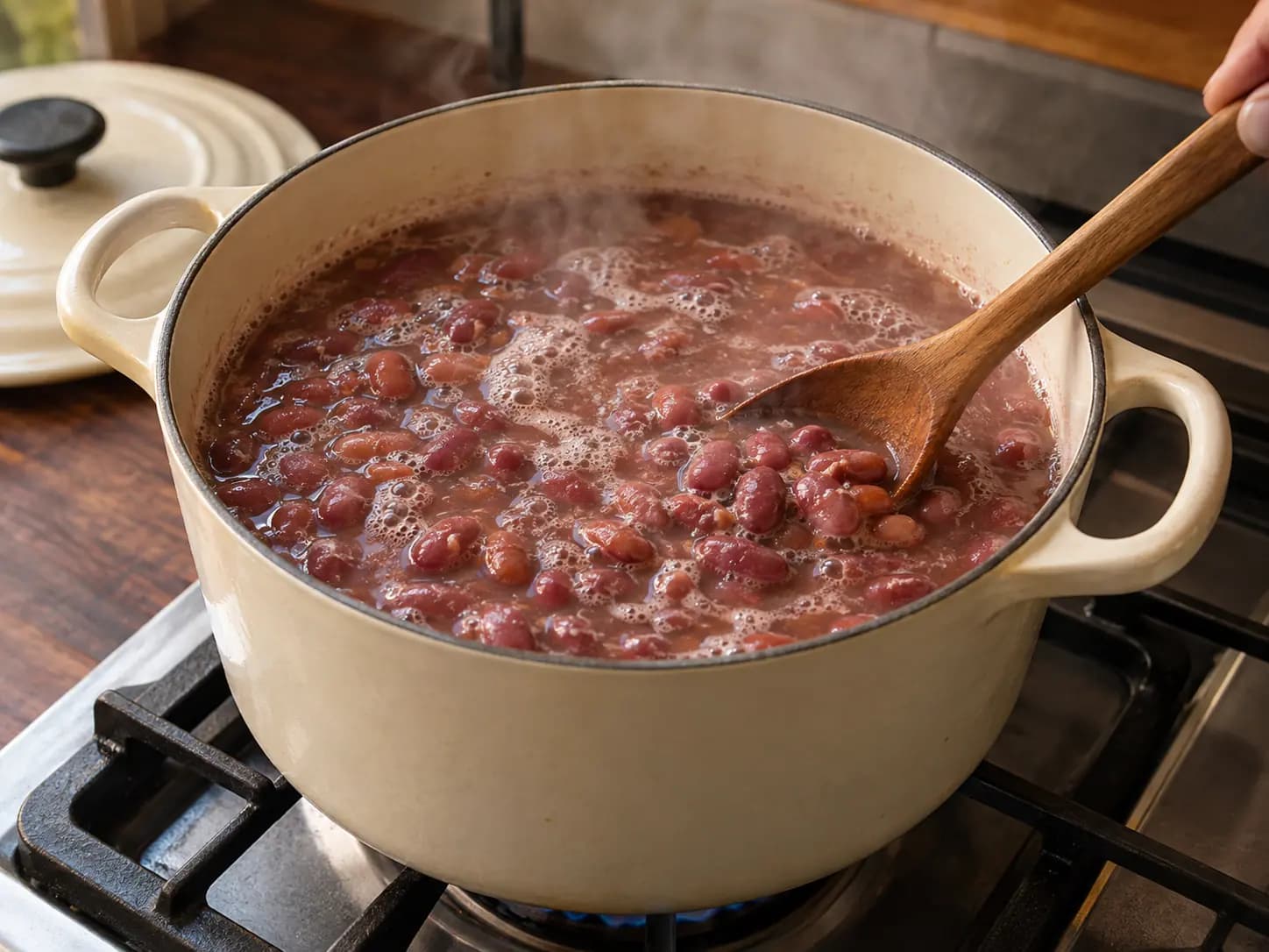 Bandeja paisa: feijão vermelho cozinhando suavemente na panela