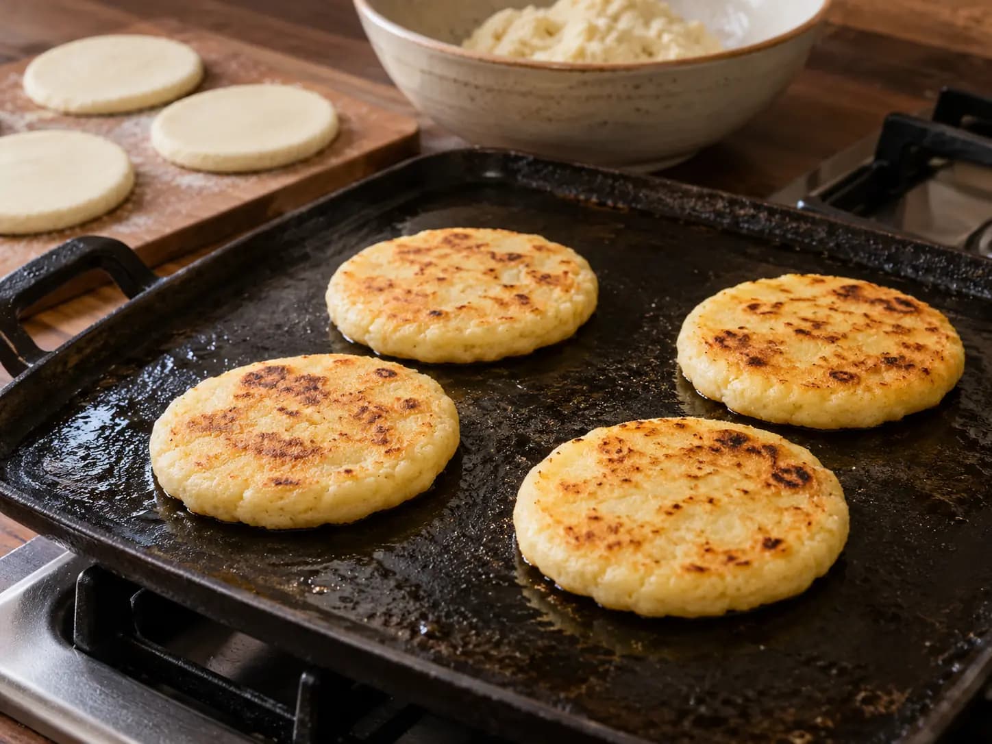 Bandeja paisa: quatro arepas pequenas dourando na chapa