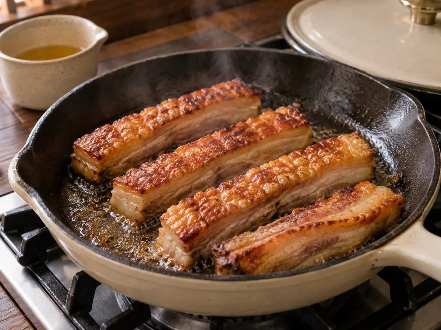 Bandeja paisa: tiras de torresmo douradas e crocantes na frigideira