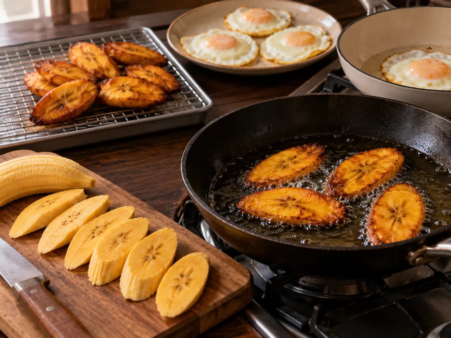 Bandeja paisa: banana-da-terra dourada e ovos fritos com claras firmes