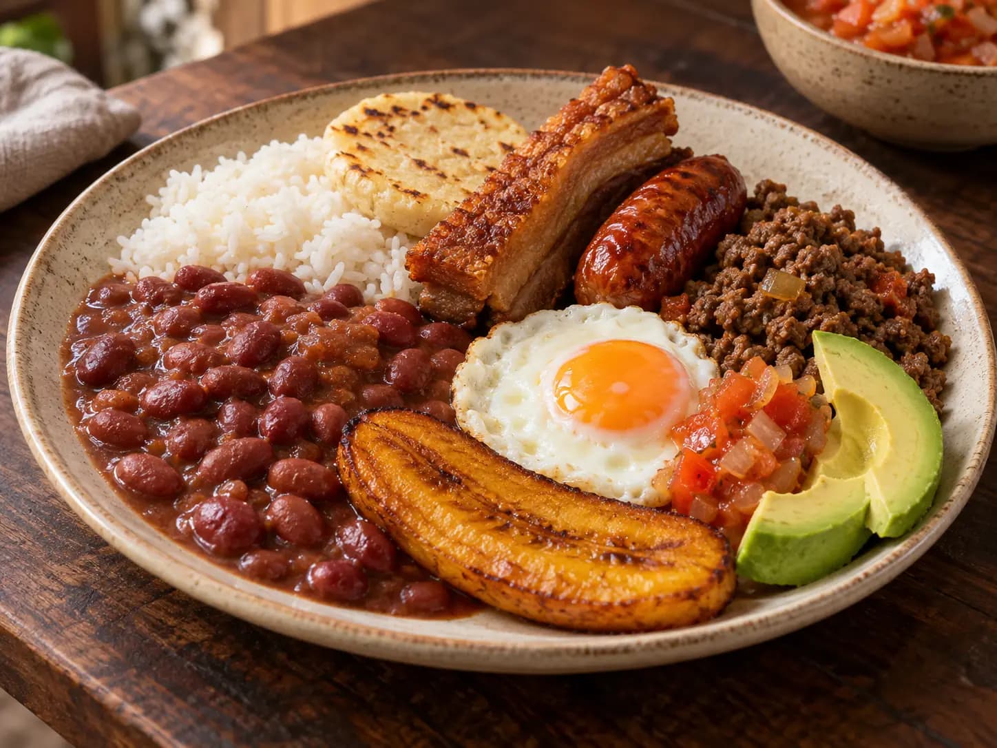 Bandeja paisa completa com feijão, arroz, arepa, carnes, banana-da-terra, ovo, abacate e hogao