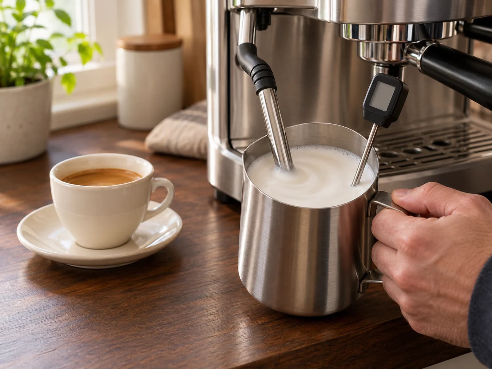 金属ピッチャーの牛乳をスチームで泡立てる