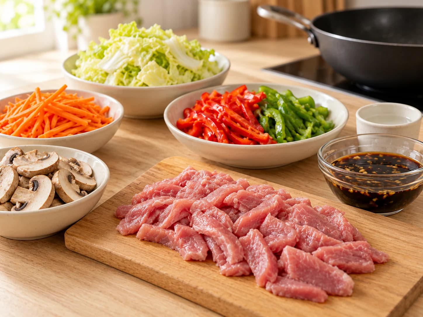 Chop suey maison au porc, légumes et sauce soja: Préparer et mélanger