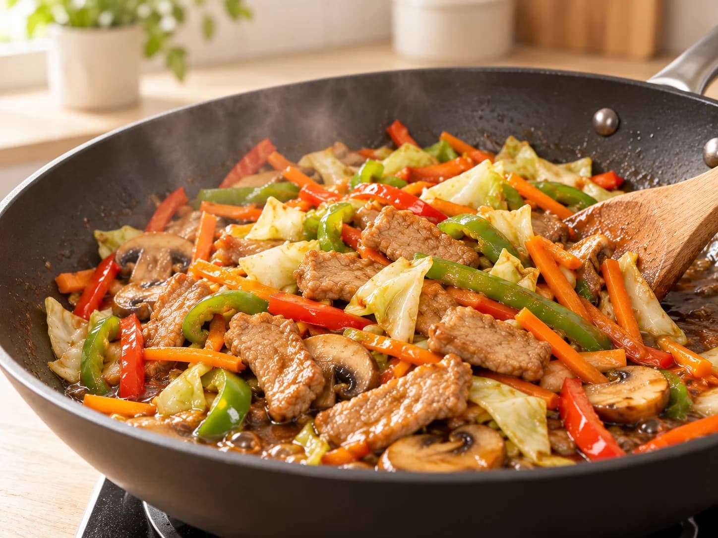 Chop suey maison au porc, légumes et sauce soja: Ajouter viande et sauce