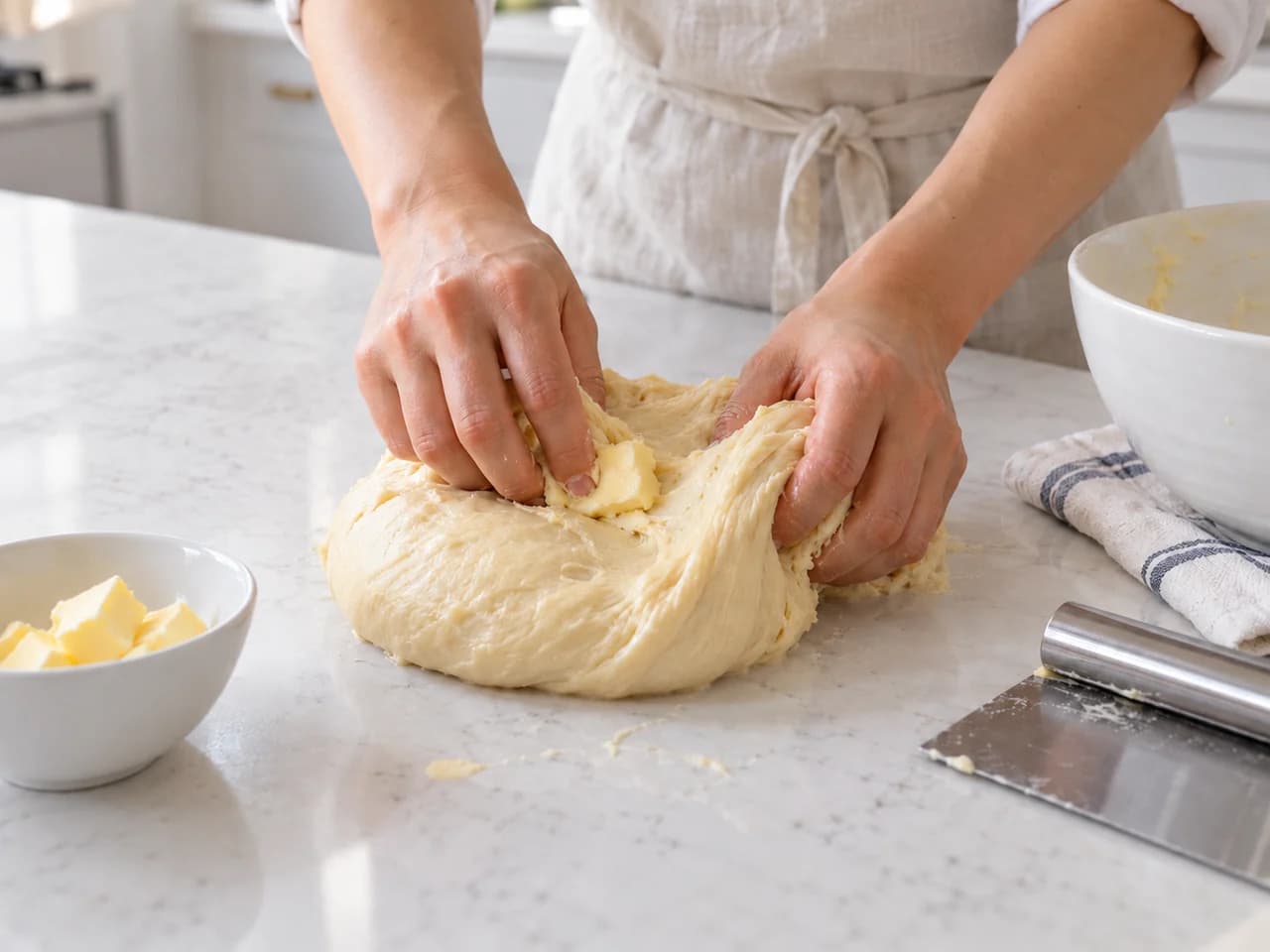 Ciambelle lievitate glassate alla vaniglia: Impasta e incorpora il burro