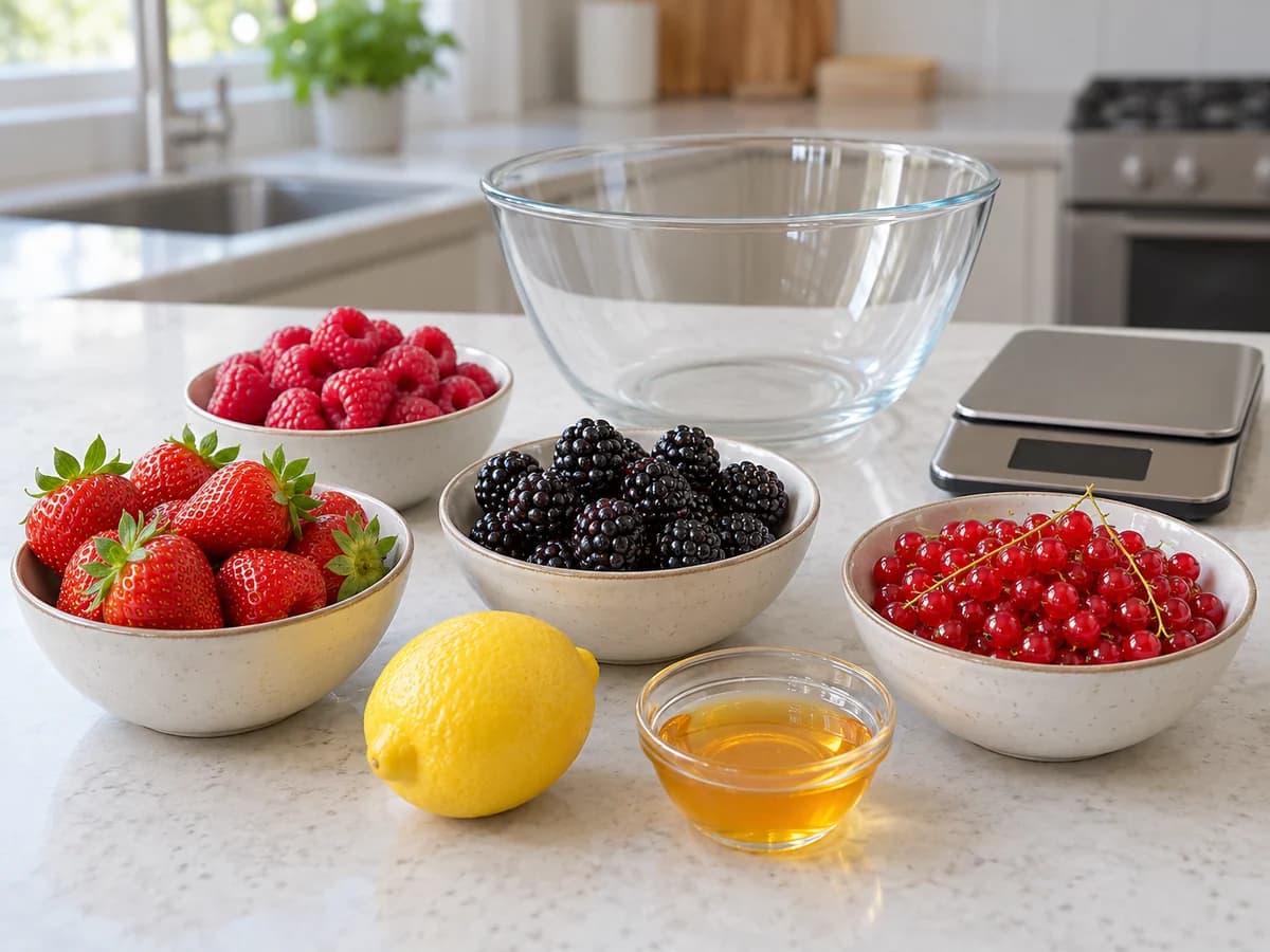 Quatre variétés de fruits rouges, citron entier et miel séparés près d'un saladier vide