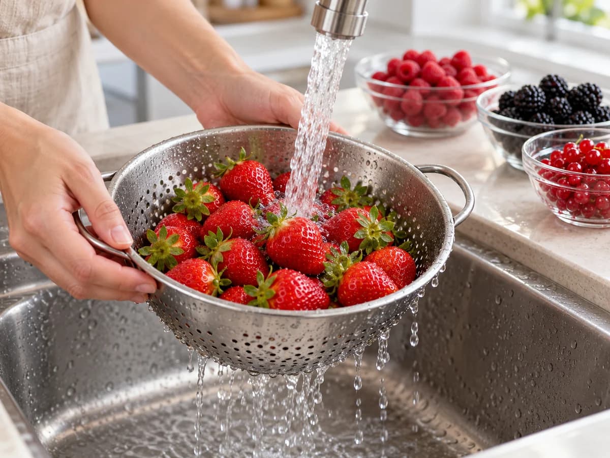 Fraises entières avec pédoncules lavées dans une passoire sous eau courante