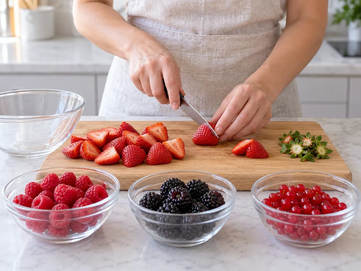 Fraises équeutées coupées près des autres baies et groseilles sans tiges