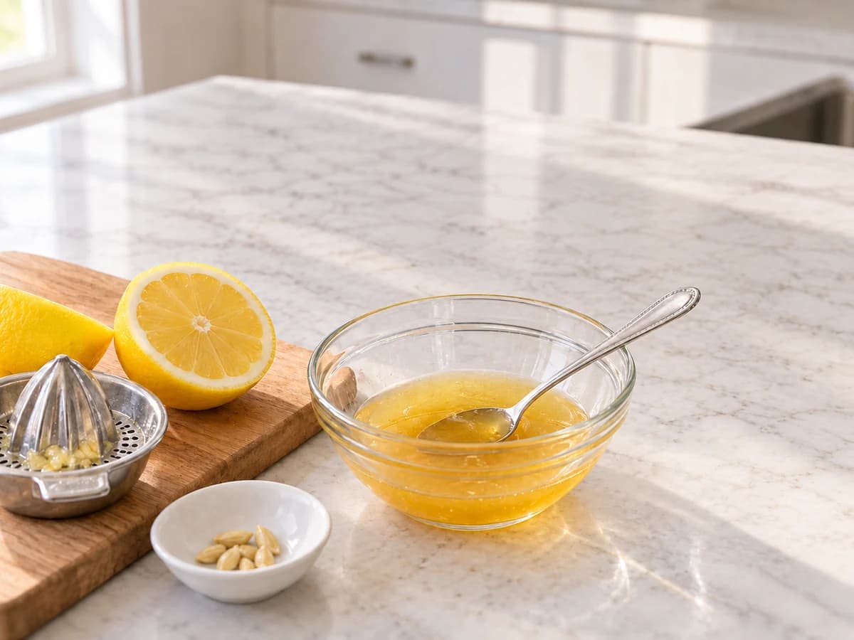 Jus de citron filtré et miel mélangés séparément, pépins retirés
