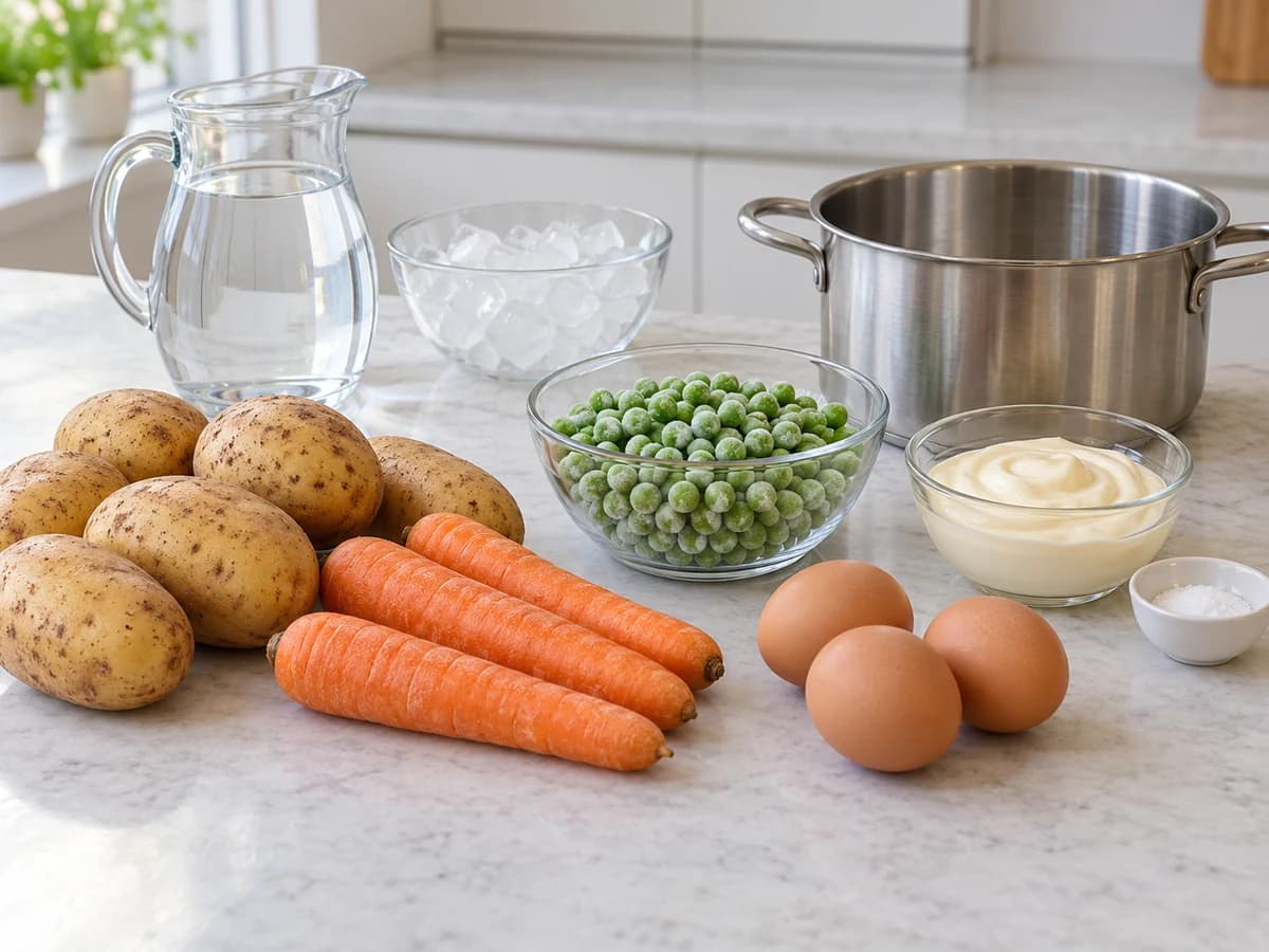 Batatas inteiras, cenouras, três ovos, ervilhas congeladas e maionese separados