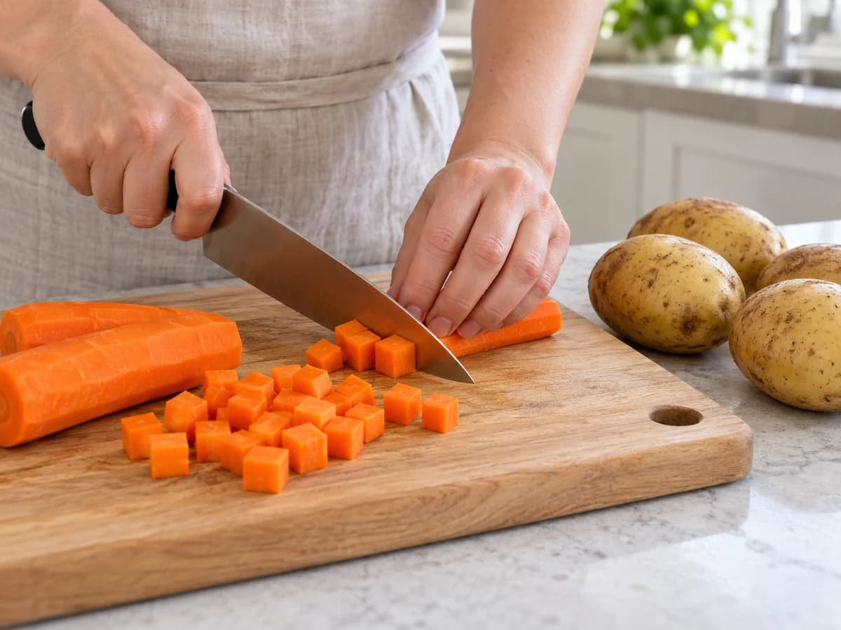 Cenoura cortada em cubos ao lado de batatas com casca