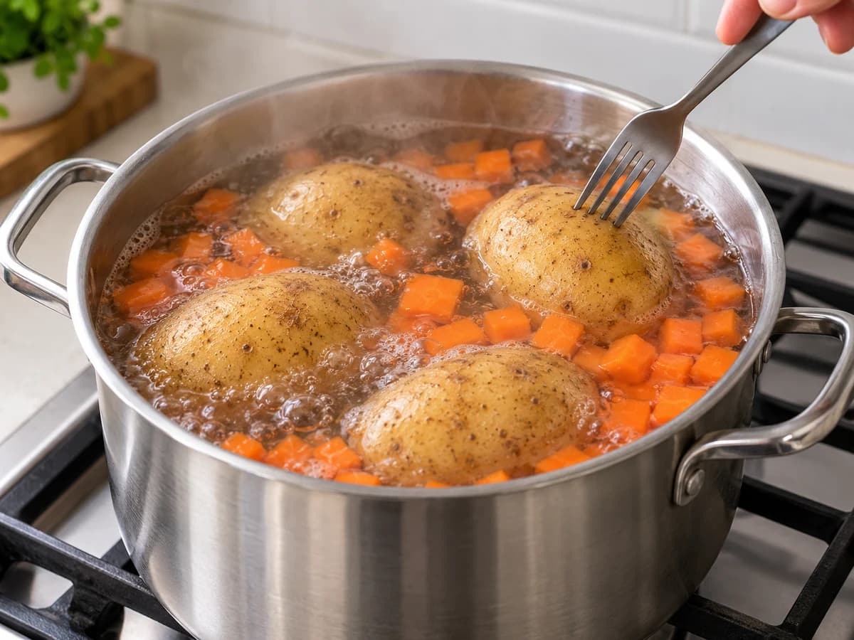 Batatas inteiras com casca e cubos de cenoura cozinhando