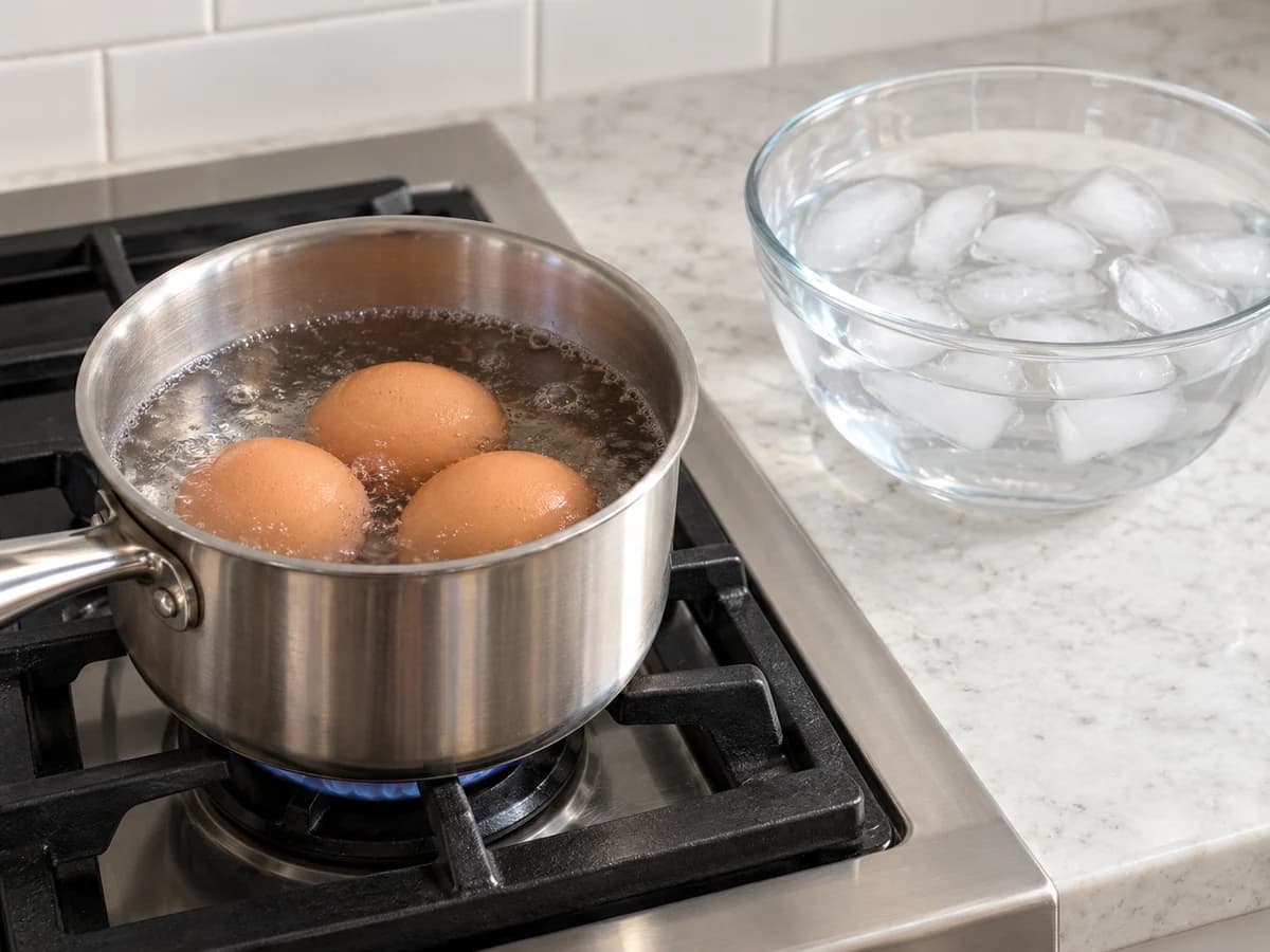 Três ovos intactos cozinham separadamente ao lado do banho de gelo
