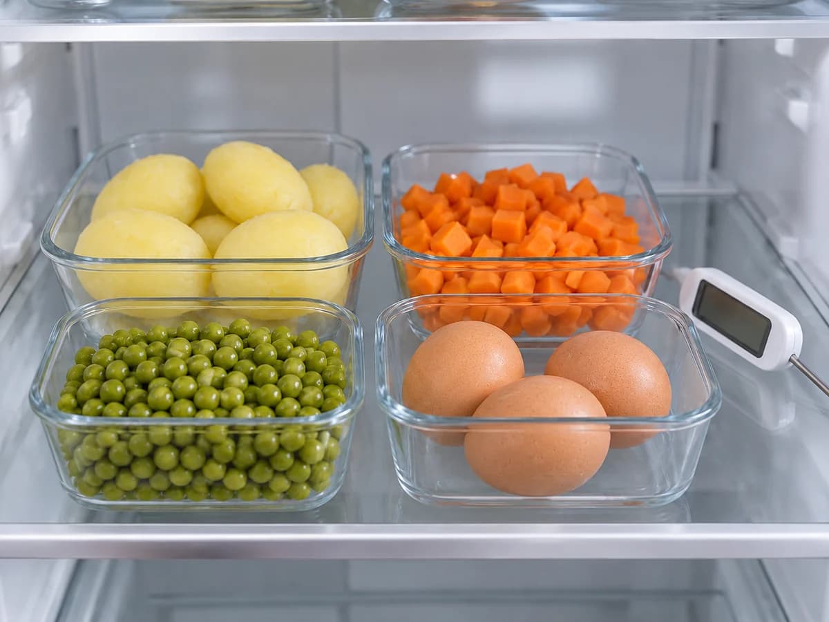 Batatas, cenouras, ervilhas e ovos com casca resfriam em recipientes rasos separados
