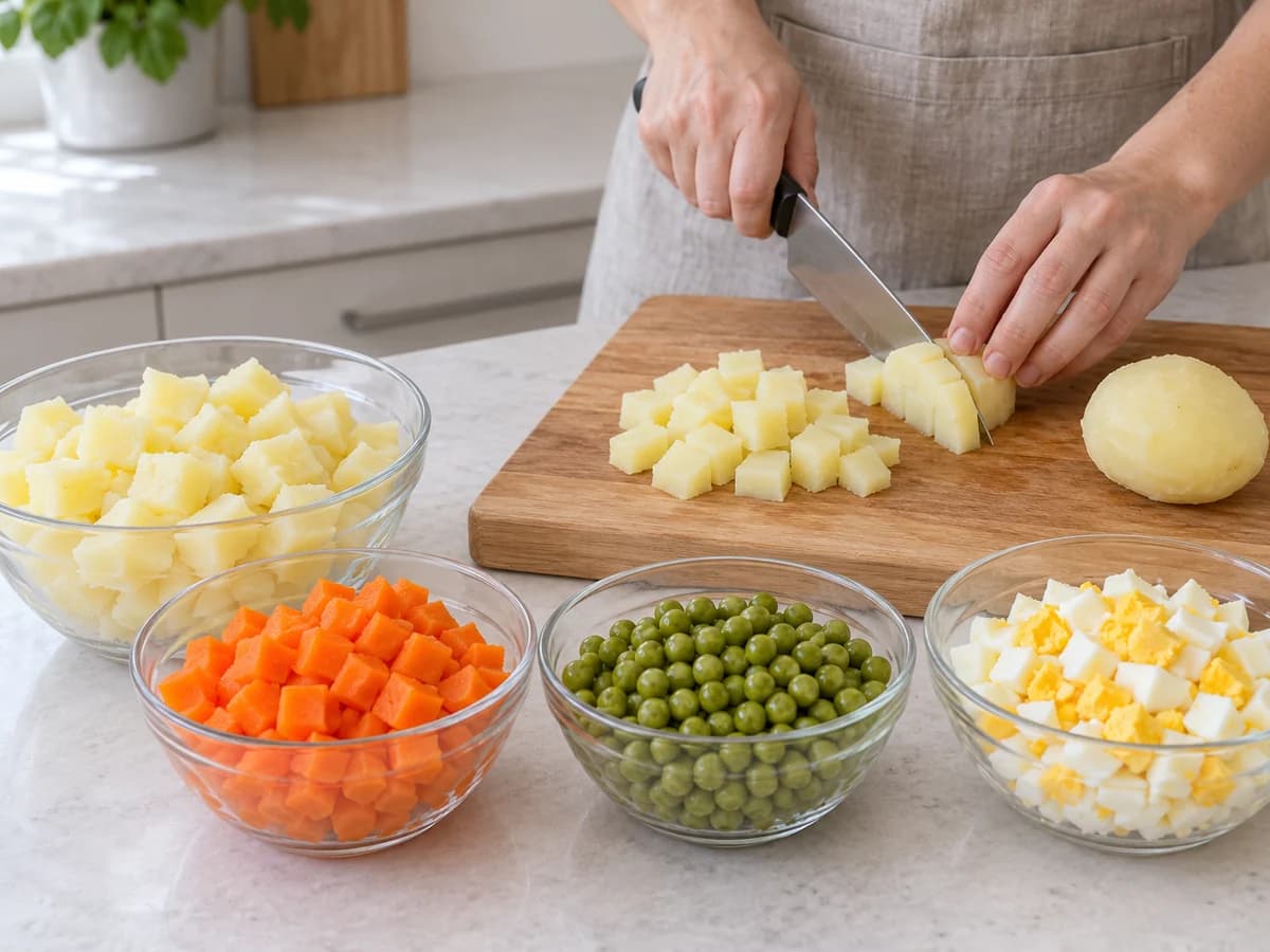Batata cozida fria sendo cortada ao lado de cenoura, ervilha e ovo firme
