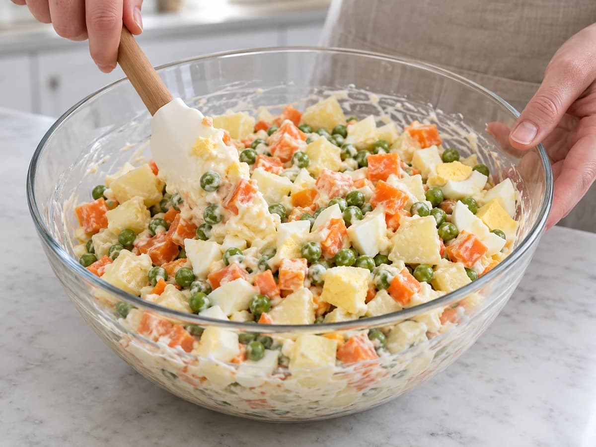 Maionese incorporada delicadamente aos cubos de legumes e ovo
