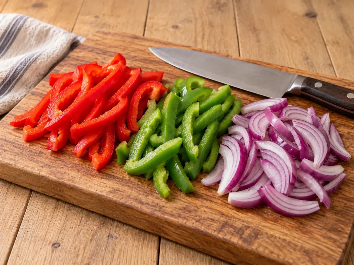 Fajitas mexicaines au poulet, poivrons et oignons: Couper les légumes