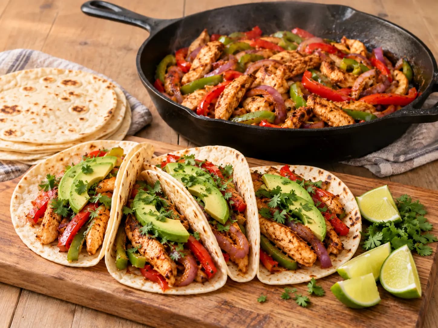 Fajitas mexicaines au poulet, poivrons et oignons: Garnir et servir
