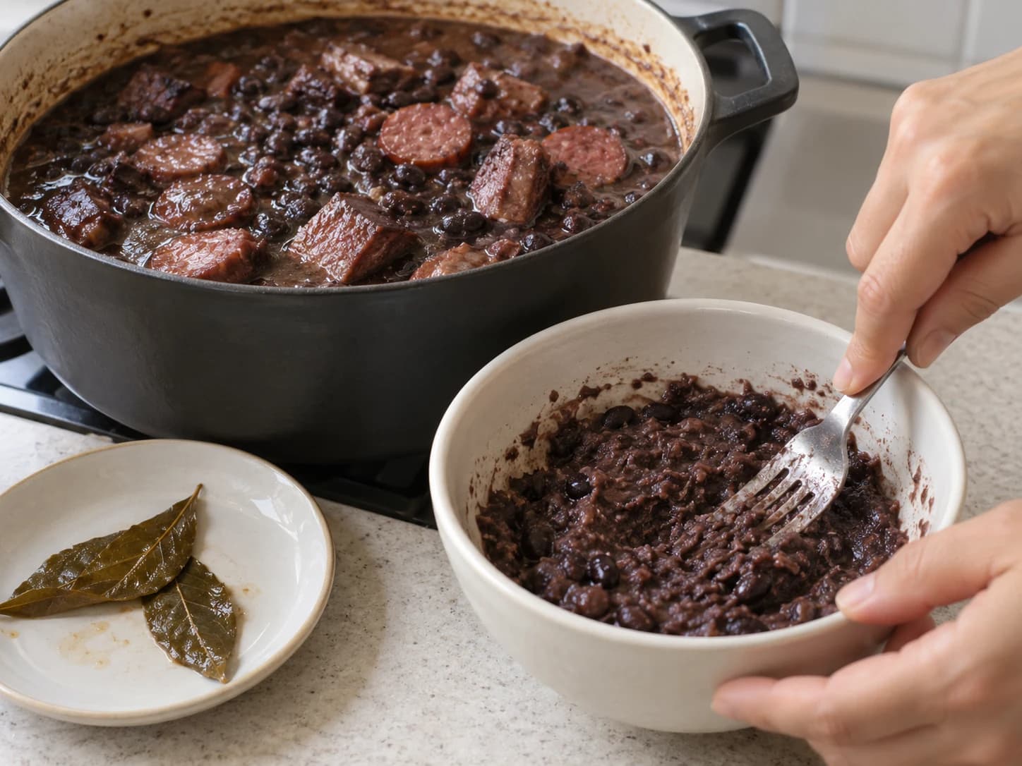 黒豆と豚肉の家庭風フェイジョアーダ: とろみをつけて味を調え休ませる