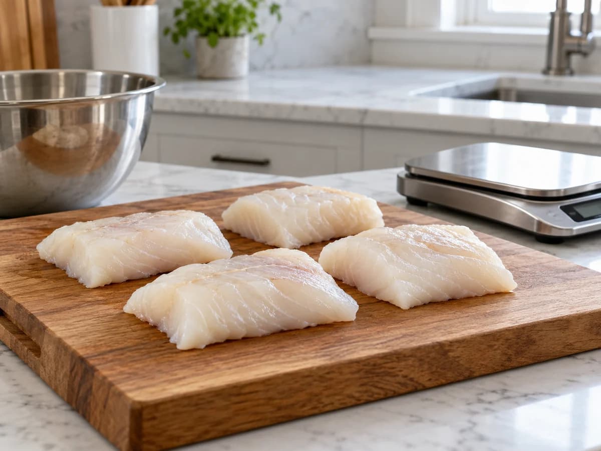 Four raw boneless cod portions on a dedicated board