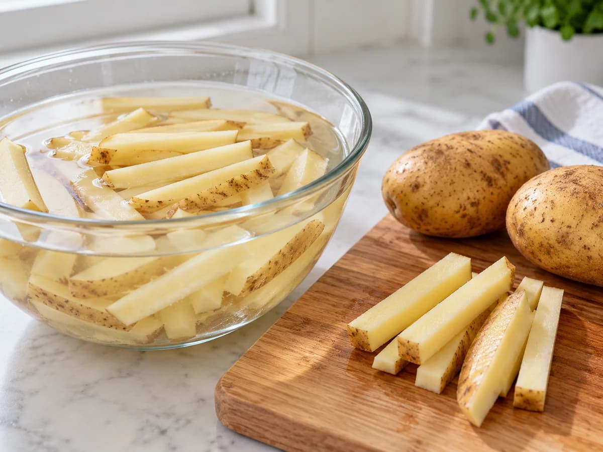 Raw skin-on potato sticks soaking in fresh water