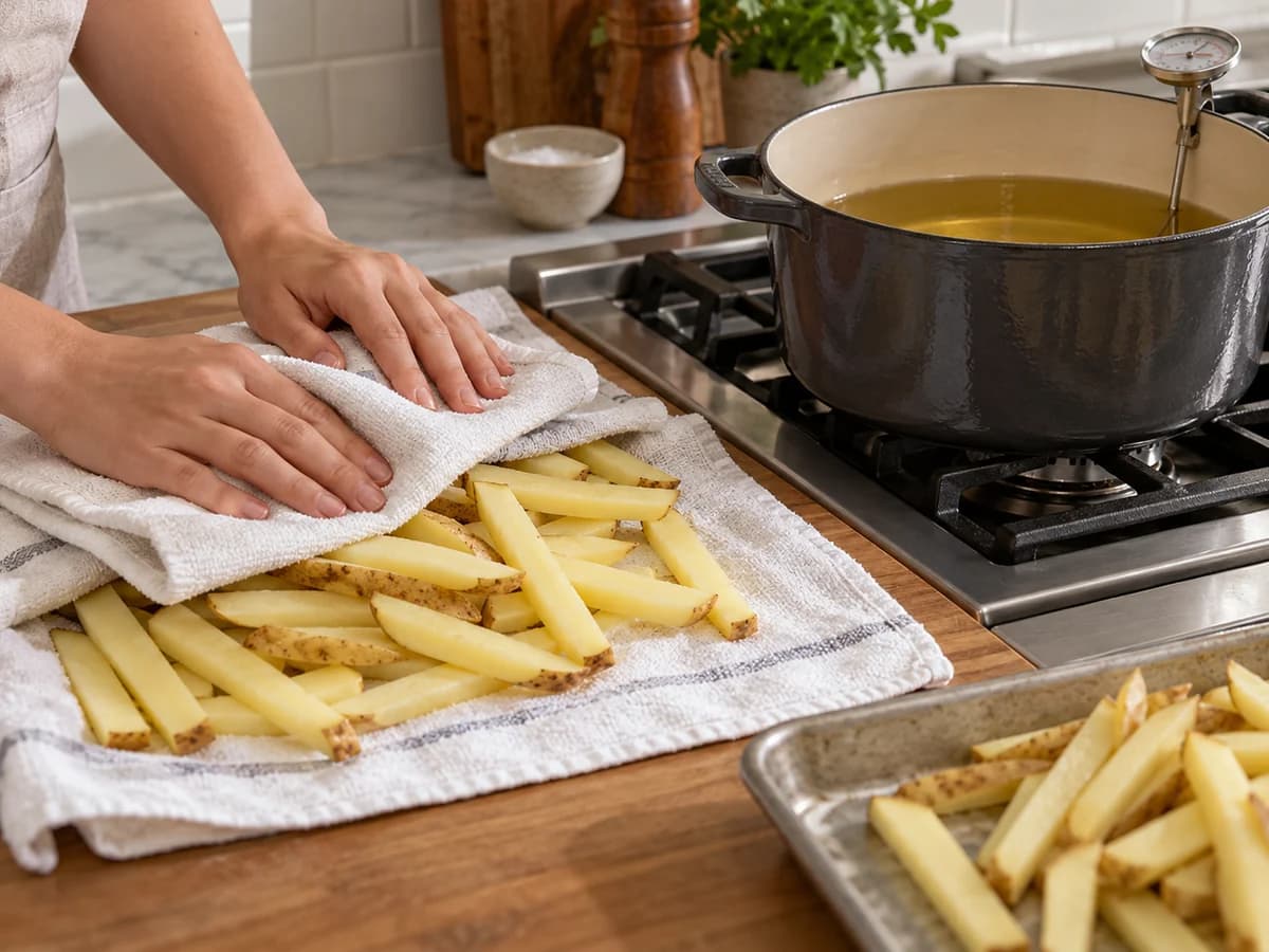 Potato sticks drying beside a stable deep oil pot