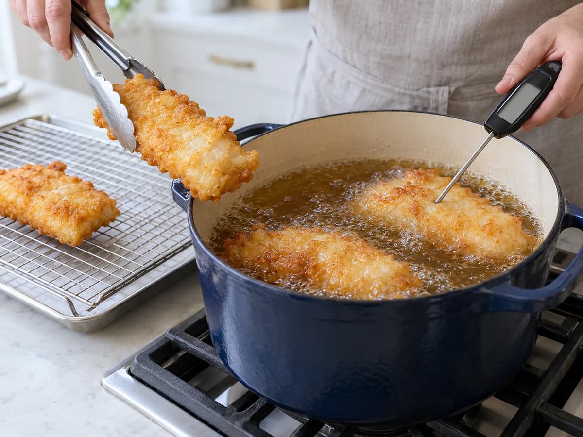 Golden battered cod checked with a food probe