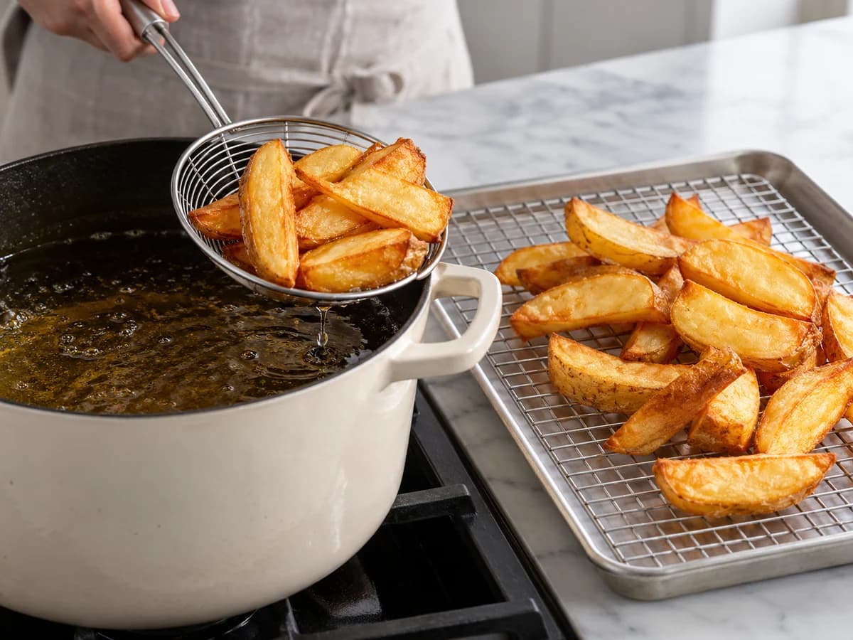 Golden skin-on chips draining after their second fry