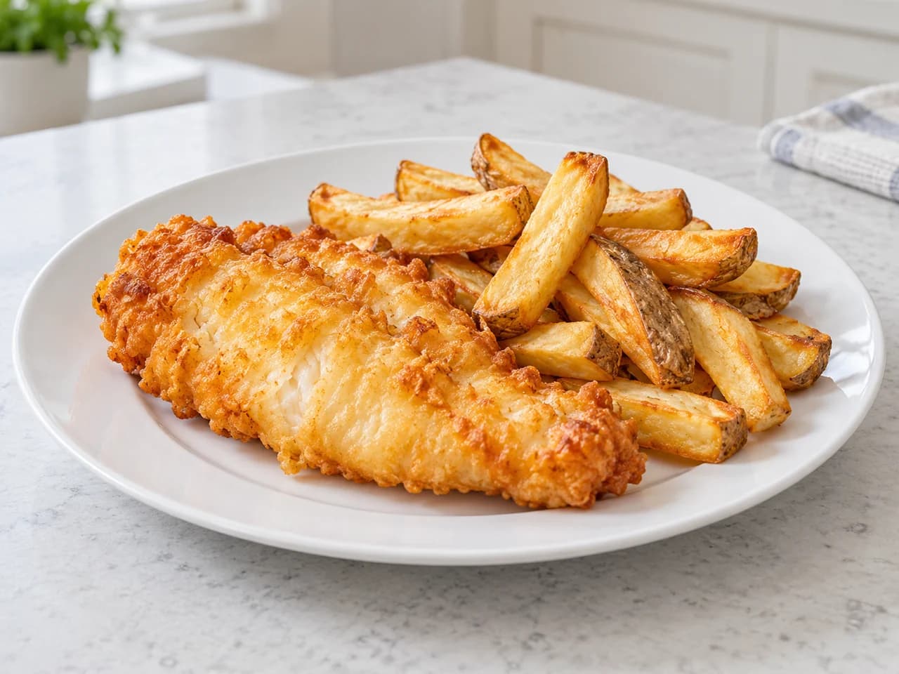 A plated golden battered cod portion with thick skin-on chips