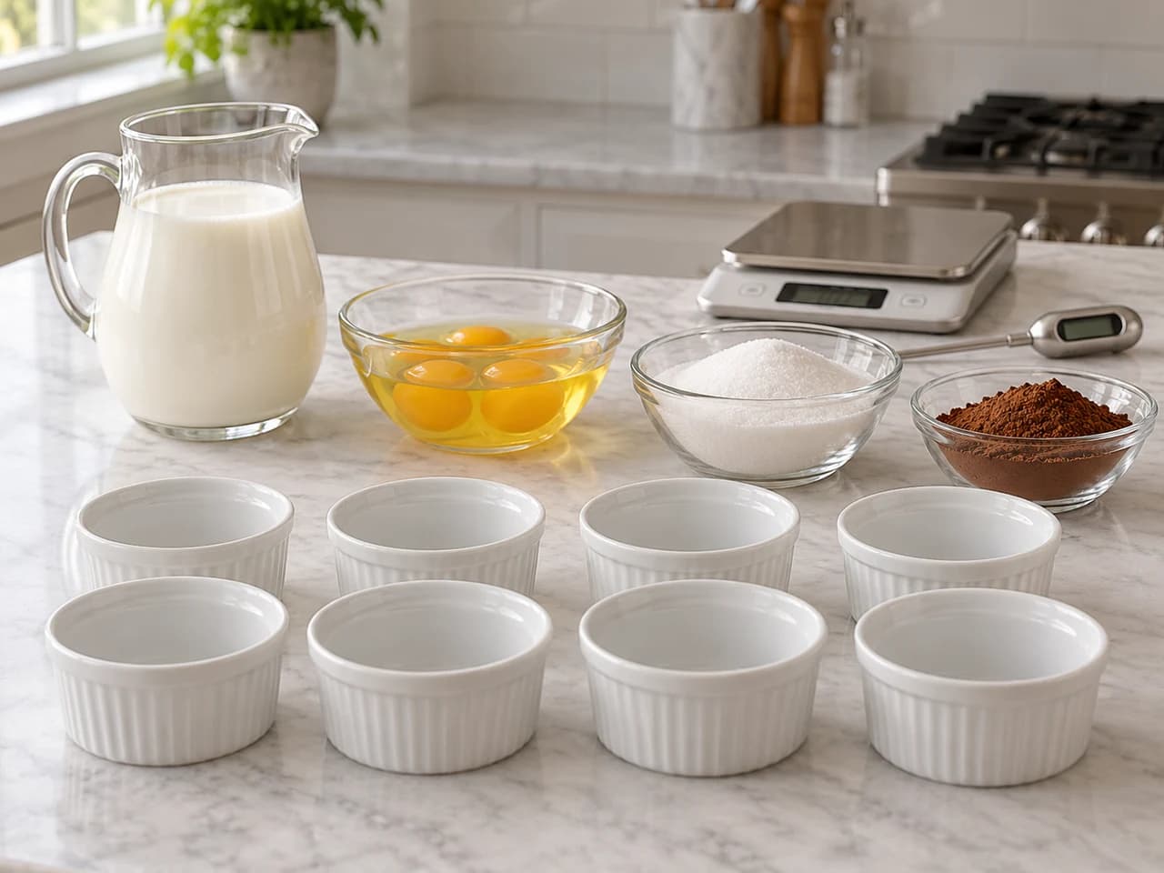 Chocolate caramel flan baked in a water bath: Prepare the moulds and weigh the ingredients