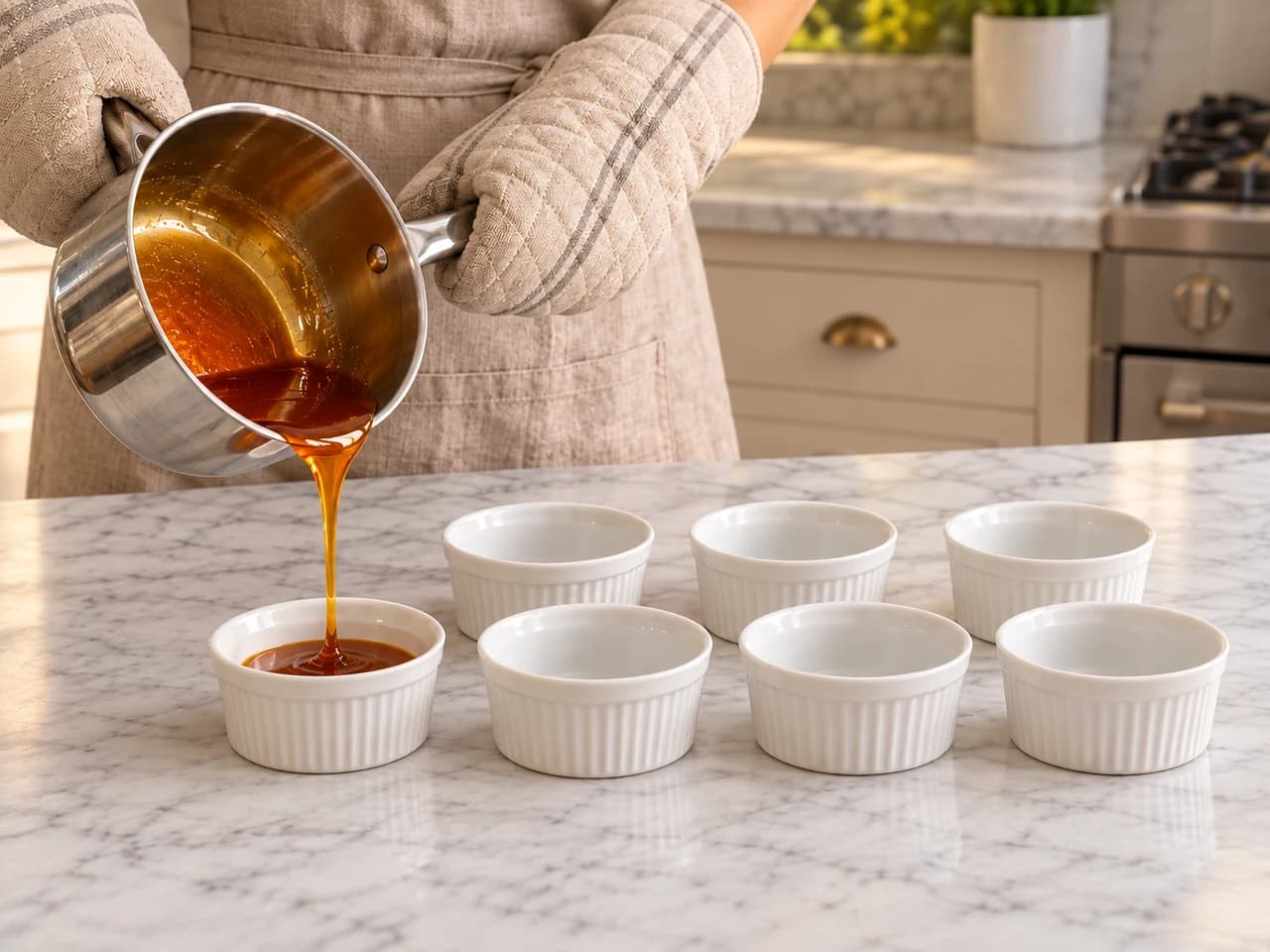 Chocolate caramel flan baked in a water bath: Cook and divide the caramel