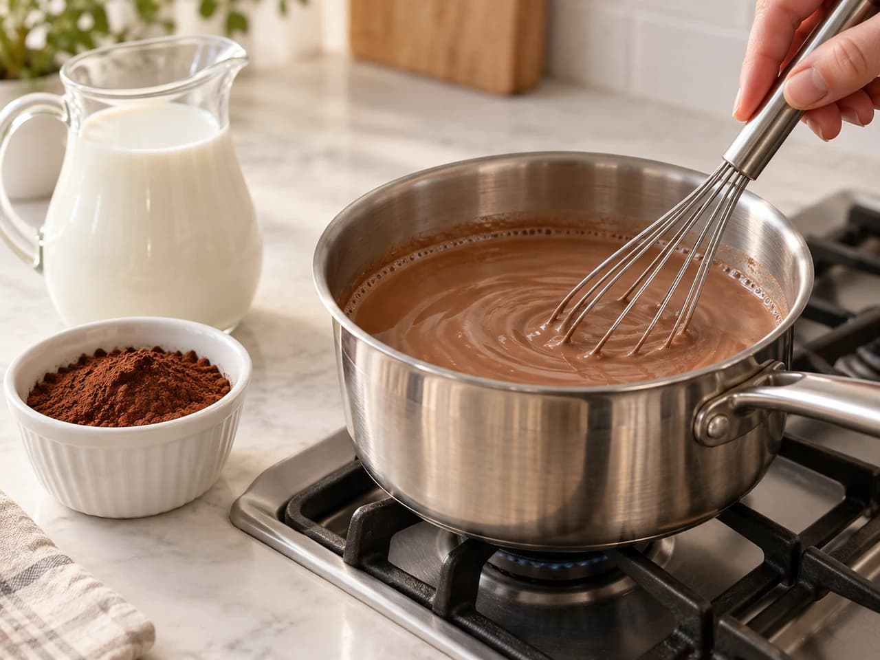 Chocolate caramel flan baked in a water bath: Dissolve the cocoa in the milk