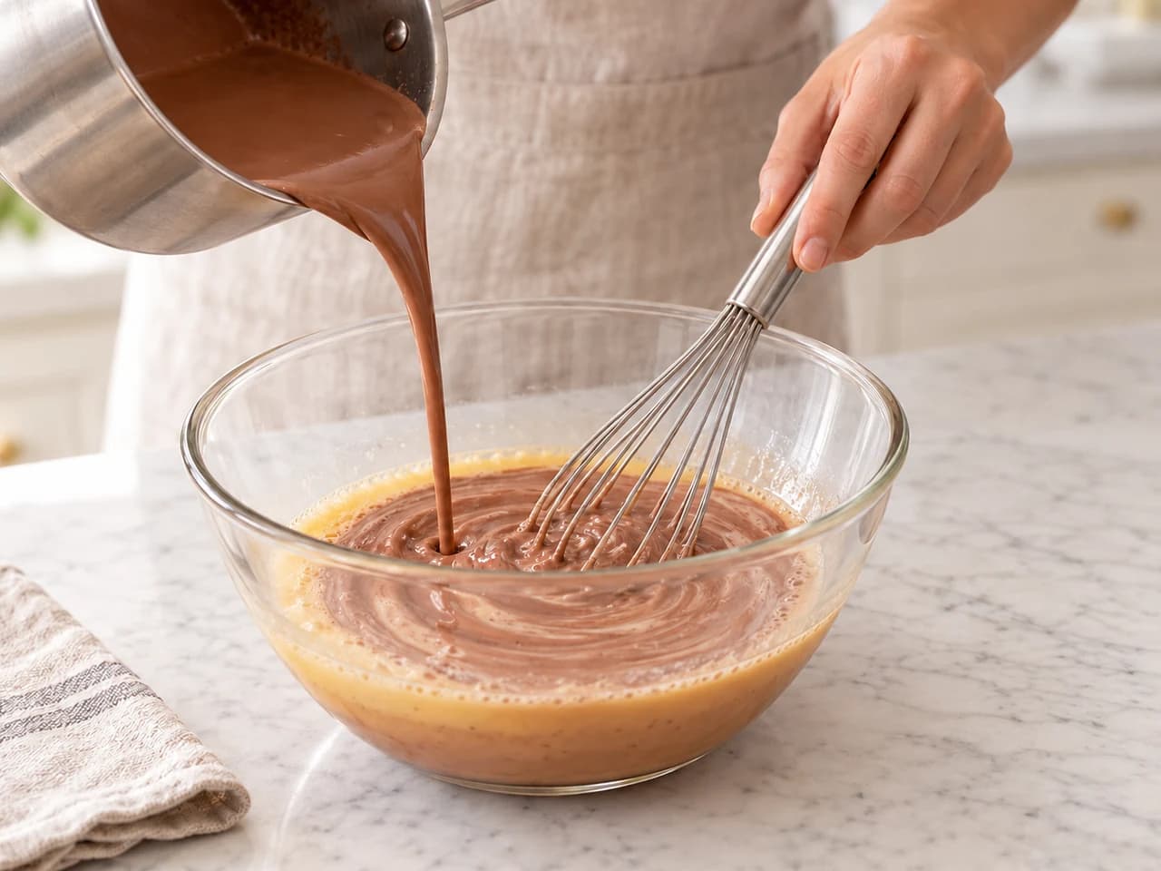 Chocolate caramel flan baked in a water bath: Temper the egg with the cocoa milk