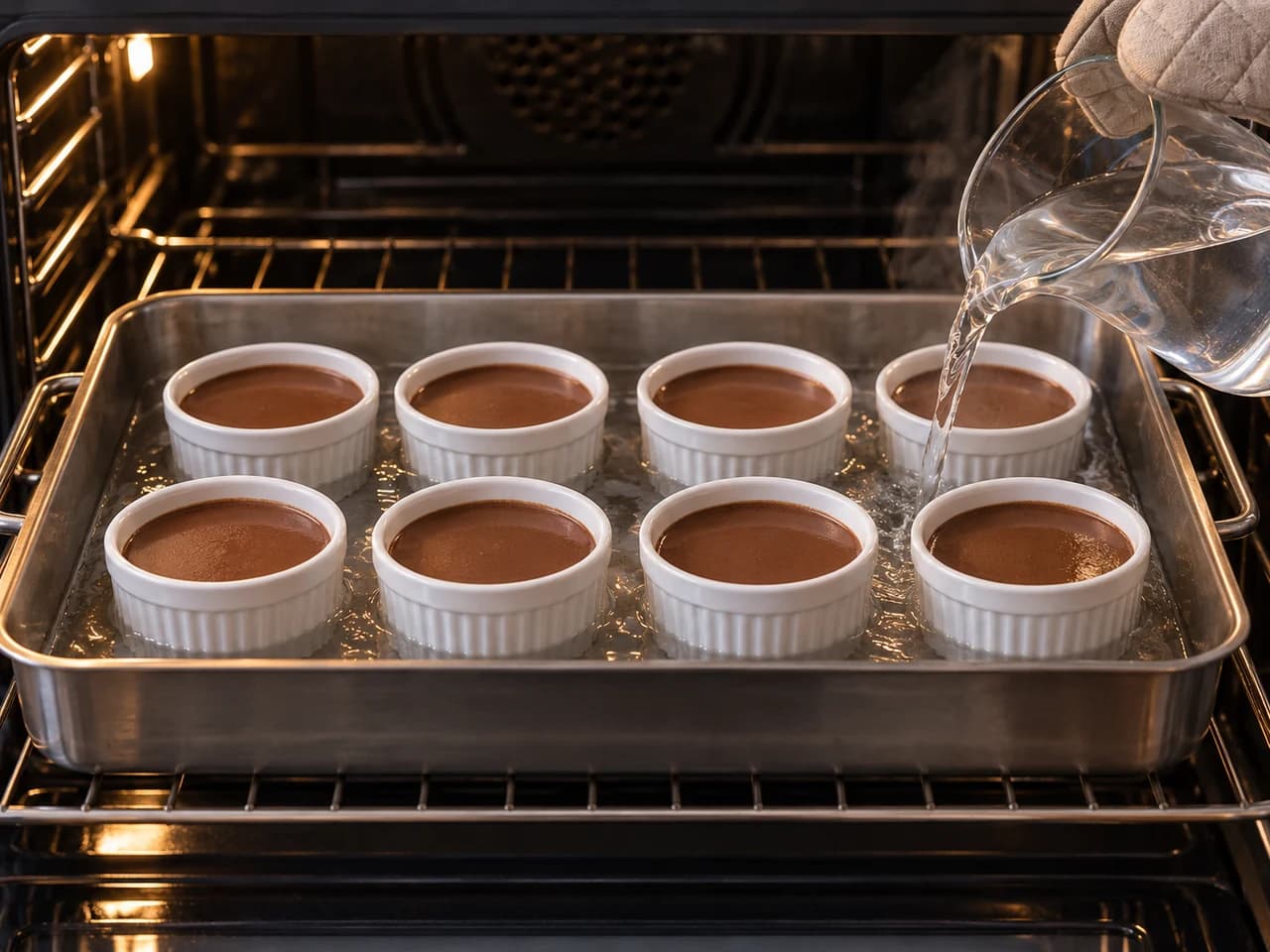 Chocolate caramel flan baked in a water bath: Fill the ramekins and set up the water bath