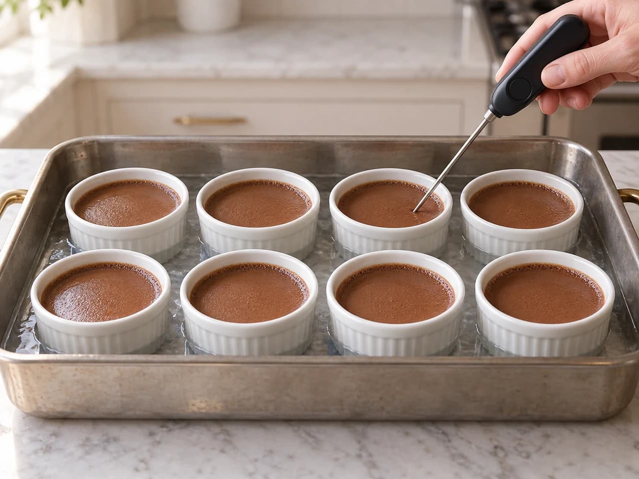 Chocolate caramel flan baked in a water bath: Bake and check the setting