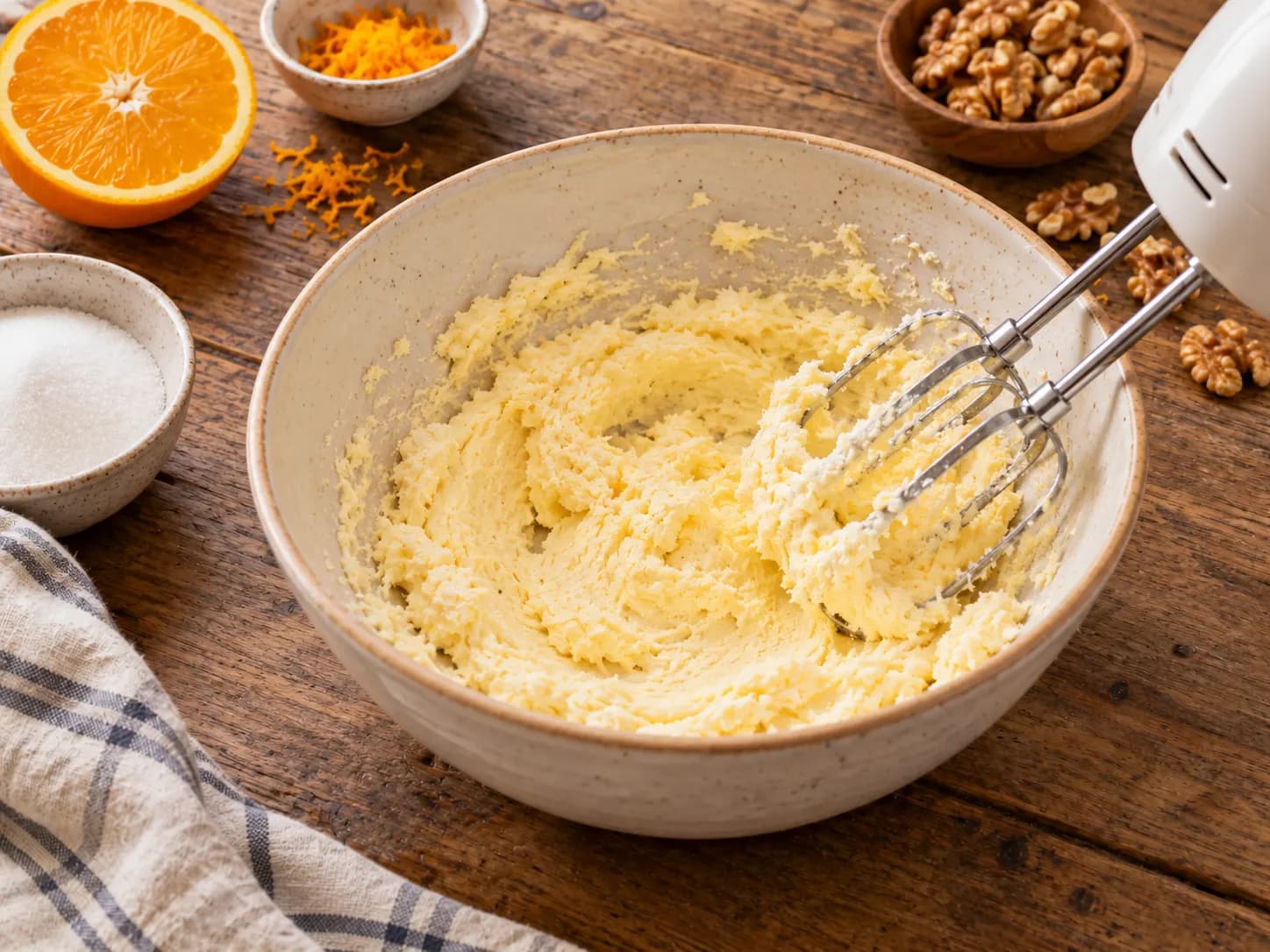 Biscuits à l’orange et aux noix: Battre le beurre et le sucre