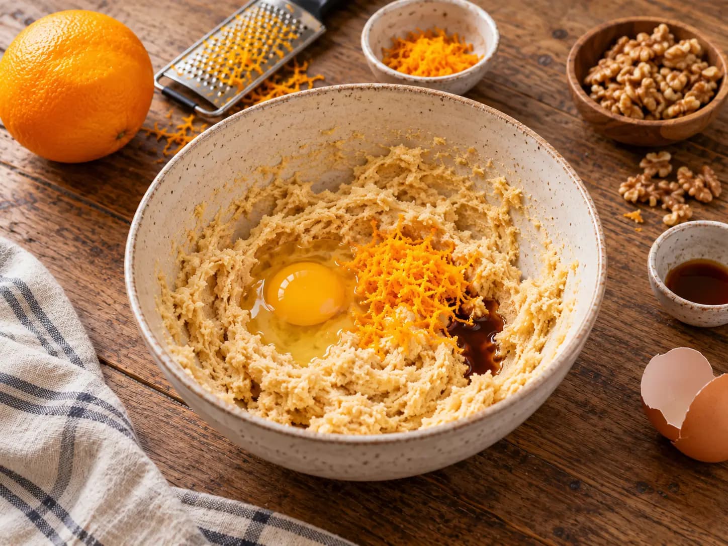 Biscuits à l’orange et aux noix: Ajouter l’œuf, la vanille et l’orange