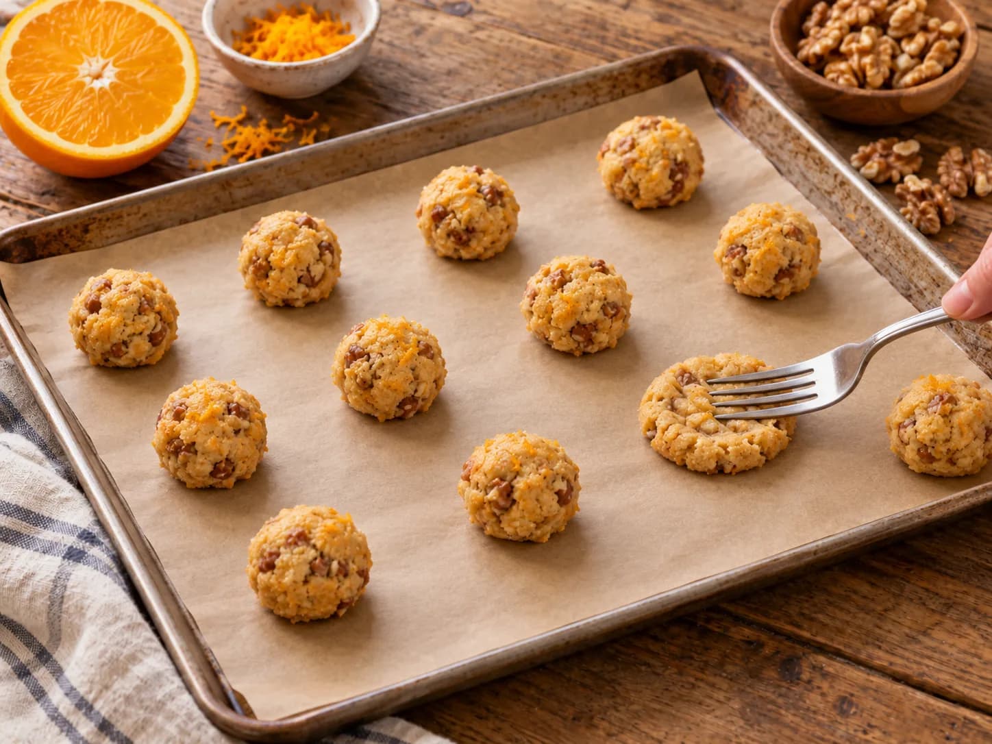 Biscuits à l’orange et aux noix: Façonner et aplatir les biscuits