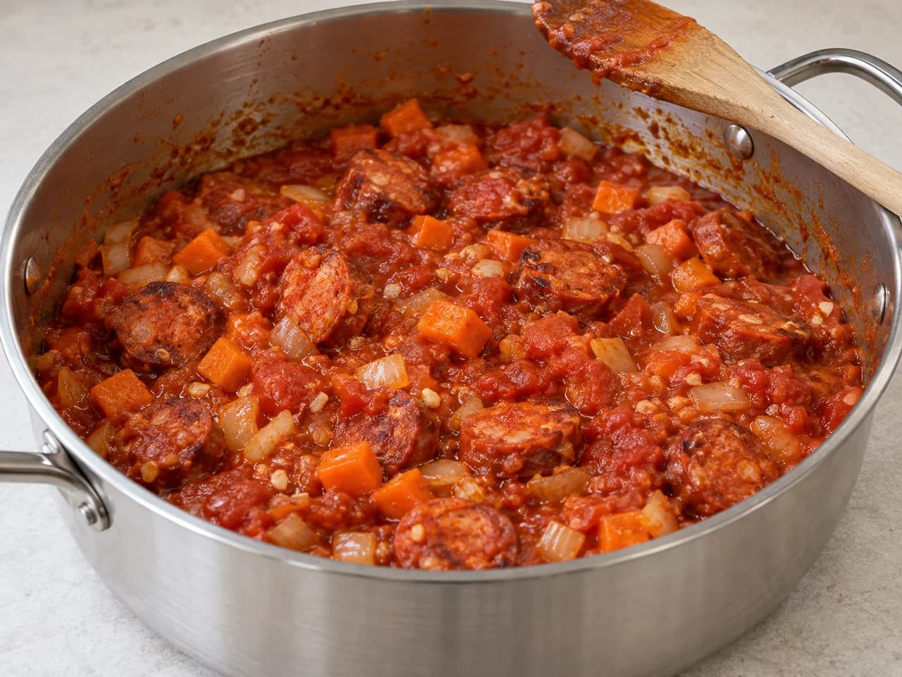Grão-de-bico com chouriço fresco e tomate: Adicione alho, páprica e tomate