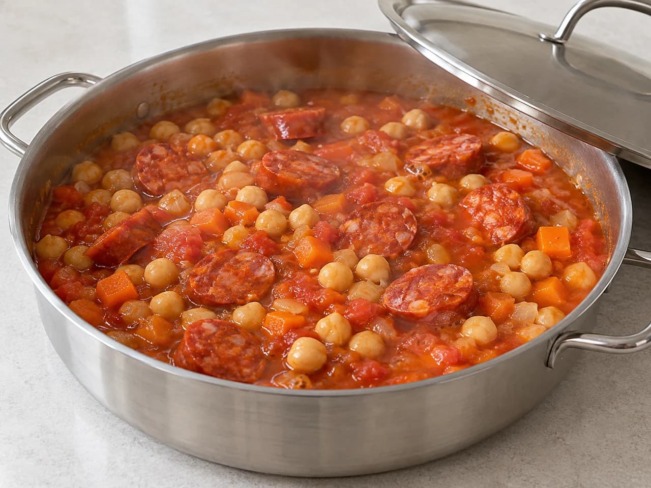 Grão-de-bico com chouriço fresco e tomate: Cozinhe em fervura suave