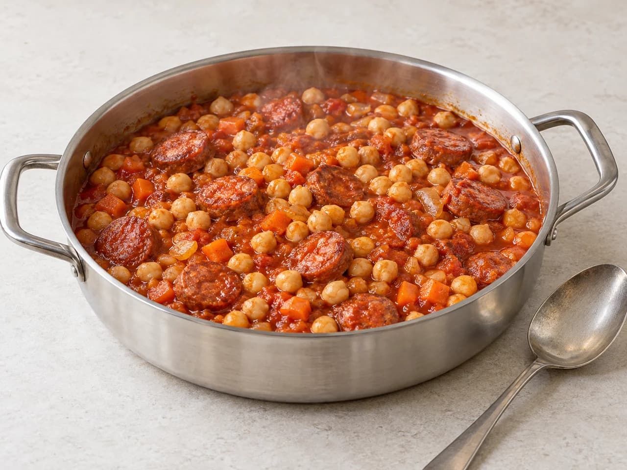 Grão-de-bico com chouriço fresco e tomate: Divida e sirva